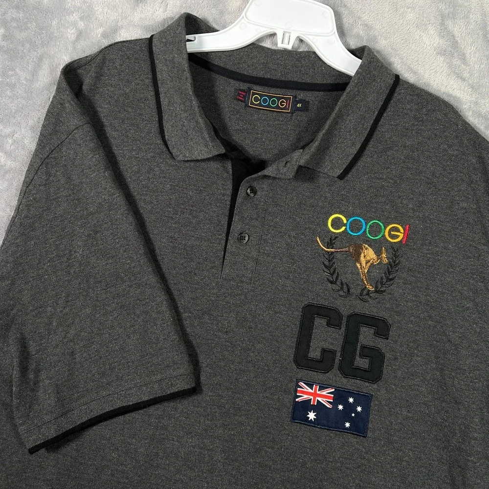 Coogi Polo Shirt Mens 4XL Kangaroo Y2K Hip Hop Baggy Loose Gray Embroidered